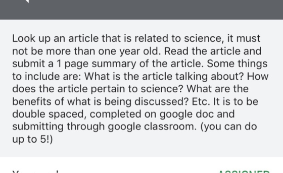 Look up an article that is related to science, it must not be more than one year old. Read the article and submit a 1 page su