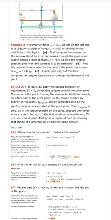 fo and te un of heo e s acting an te ae PROBLEM A woman of mass m55.0 kg sits on the left end of a seesaw-a plank of length L