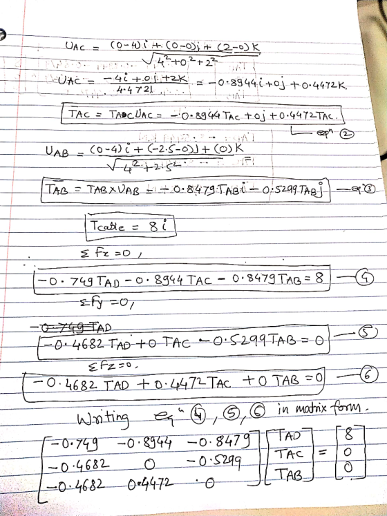 CO-4ICO-)i (2-0)k. -42+0t23 =0-8944+oj-+o.4472K TADCUAC o-8944 TActoj to.4472TAC TAC= UAB CO-4) -2.S-oJ+ (O) K F -Stt27 N TAB
