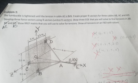 Problem 2: The turnbuckle is tightened until the tension in cable AE is 8kN. Create proper R-vectors for three cables AB, AC