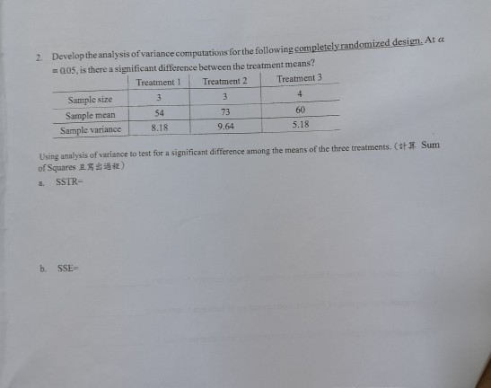 2 Develop The Analysis Of Variance Computations For The Following 