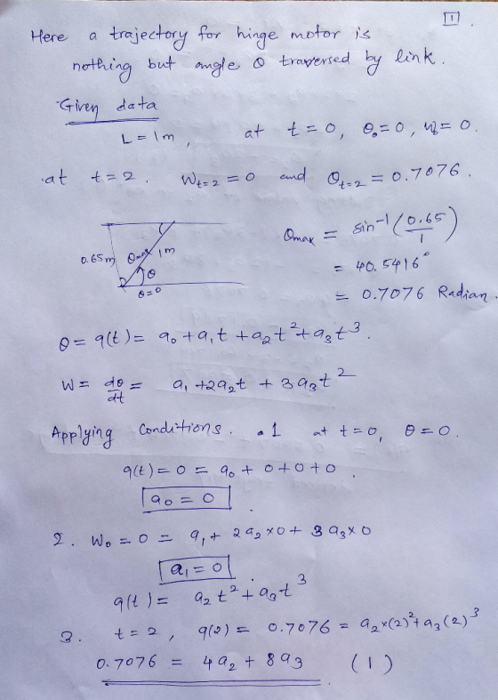 Here a trajectory ftr hinge moto Given da ta t2 ·07076 Radion 3 @ft)= a2 t2. + a3t 0, 7076 , a2 + 893 ( \
