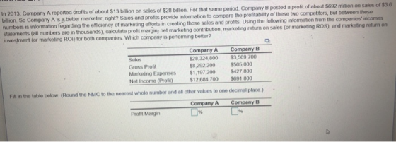 In 2013, Company A reported profits of about $13 billion on sales of $28 billion. For that same period, Company B posted a pr