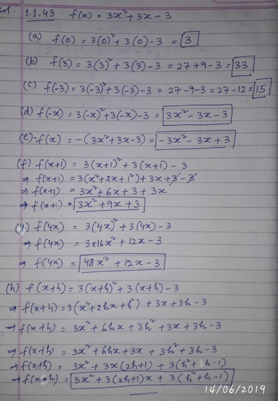 1.1.43 f (x) 3%+ 3%-3 (a) f(o)3(0)3 (0)-3 (b) +(3)- 3(3) ナ3(3)-3-27+9-3-133 C f3) 33)t36-3 27-9-3 =27-12 -15 1 d fx3+3(-)-3 3