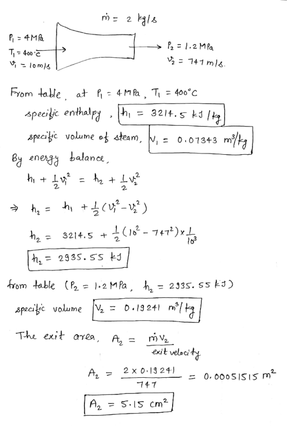 & = 1.2MPa specific enthalry l-hi = 3214, Skd specaifc volume o 0.01343 m By ened ance 2 from table ( P2 = ), 2 MPa , The e