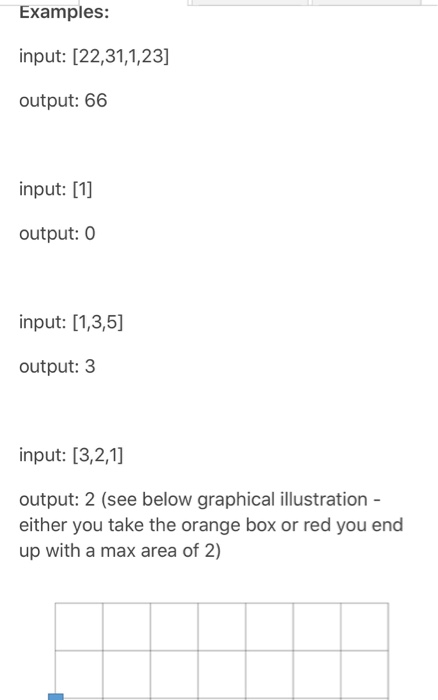 Examples: input: [22,31,1,23] output: 66 input: [1] output: O input: [1,3,5] output: 3 input: [3,2,1] output: 2 (see below gr