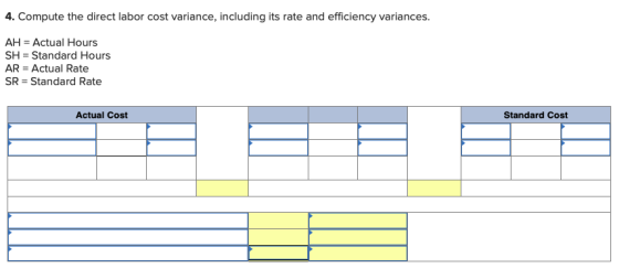 4. Compute the direct labor cost variance, including its rate and efficiency variances. AH Actual Hours SH Standard Hours AR