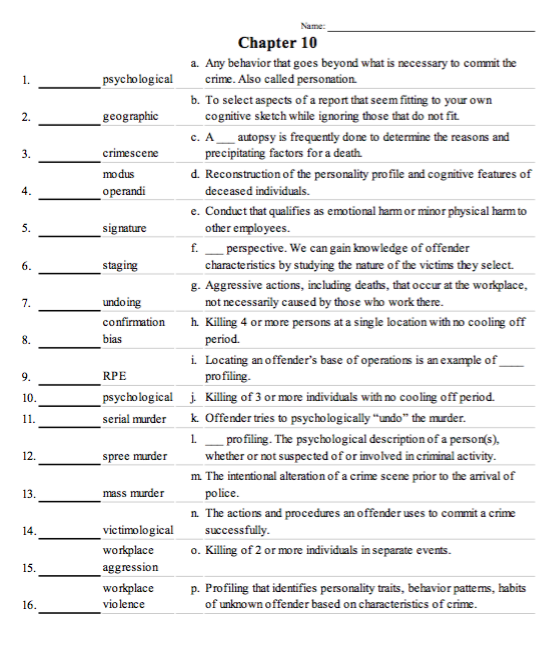 Name Chapter 10 a. Any behavior that goes beyond what is necessary to commit the crime. Also called personation psychological