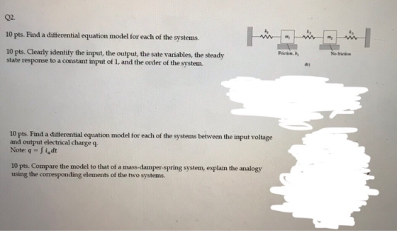 02. 10 pts. Find a differential equation model for each of the systems. No frietion 10 pts. Clearly identify the input, the o