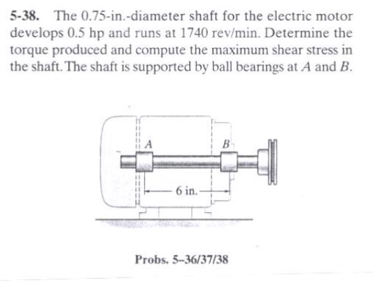 5-38. The 0.75-in.-diameter shaft for the electric motor develops 0.5 hp and runs at 1740 rev/min. Determine the torque produ