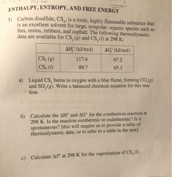 NTHALPY, ENTROPY, AND FREE ENERGY Carbon disulfide, CS2, is a toxic, highly flammable substance that is an excellent solvent