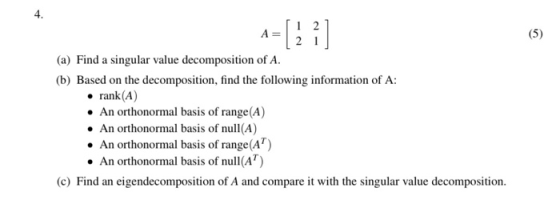 4. (a) Find a singular value decomposition of A. (b) Based on the decomposition, find the following information of A . rank (