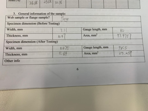 K30 13 train (%) 3. General information of the sample: Web sample or flange sample? Specimen dimension (Before Testing) Width