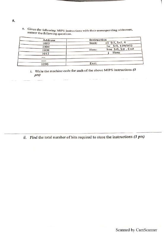 5. Given the following MIPS instructions with their corresponding addresses answer the following questions. a. Instruction St