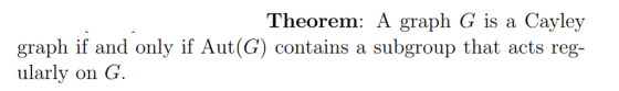 Theorem: A graph G is a Cayley graph if and only if Aut(G) contains a subgroup that acts reg- ularly on G