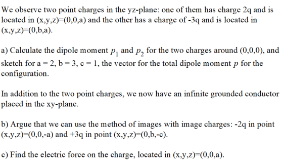 We observe two point charges in the yz-plane: one of them has charge 2q and is located in (x,y,z)-(0,0,a) and the other has a