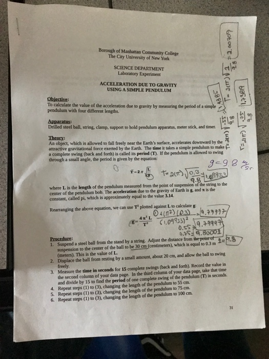 Borough of Manhatan Community College The City University of New York SCIENCE DEPARTMENT Laboratory Experiment ACCELERATION D