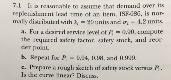 7.1 It is reasonable to assume that demand over its replenishment lead time of an item, ISF-086, is nor- mally distributed wi