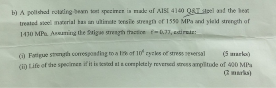 b) A polished rotating-beam test specimen is made of AISI 4140 Q&T steel and the heat treated steel material has an ultimate