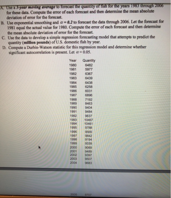 A. Use a 3-year moving average to forecast the quantity of fish for the years 1983 through 2006 for these data. Compute the e