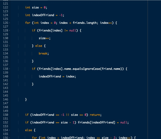 121 int size -0; 122 123 124 125 126 127 128 129 int index0fFriend 1; for (int index - 0; index < friends.length; index++) i