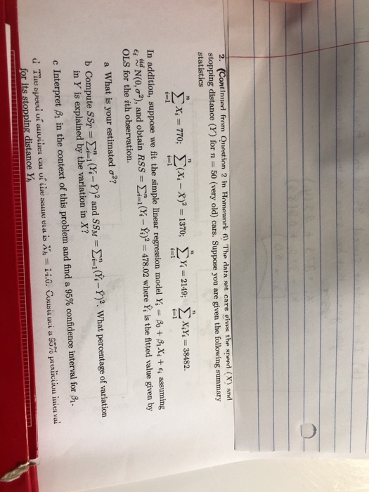 2. (Continmed from Onestion 2 in Homework 6) The data set cars gives the sneed (X) and stopping distance (Y) for n=50 (very o