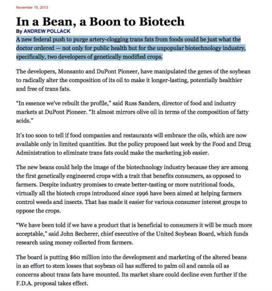 November 15, 2013 In a Bean, a Boon to Biotech By ANDREW POLLACK A new federal push to purge artery-clogging trans fats from