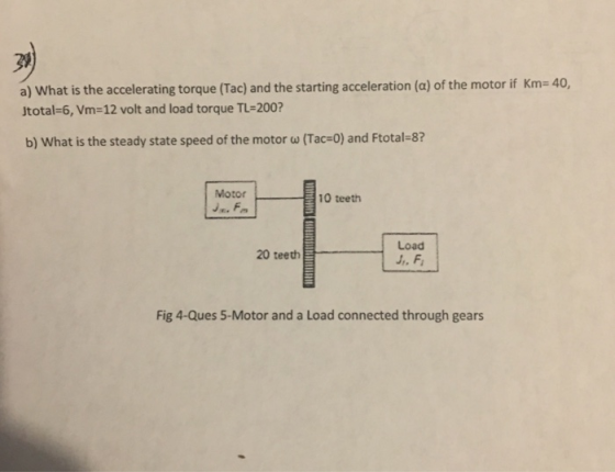 a) What is the accelerating torque (Tac) and the starting acceleration (a) of the motor if Km- 40, jtotal-6,Vm=12 volt and lo