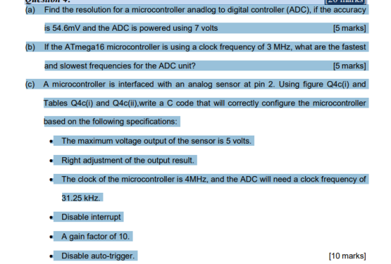 (a) Find the resolution for a microcontroller anadlog to digital controller (ADC), if the accuracy is 54.6mV and the ADC is p