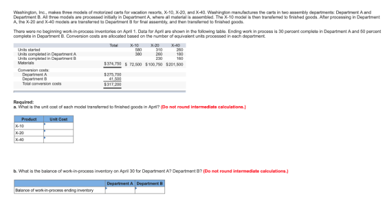 Washington, Inc. Department B. All three models are processed initially in Department A, where all material is assembled. The