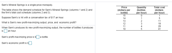 Total cost (dollars r hour Quantity (bottles r hour Price Sams Mineral Springs is a single-price monopoly (dollars per bottl
