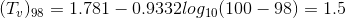(T_v)_9_8=1.781-0.9332 log_1_0(100-98)=1.5
