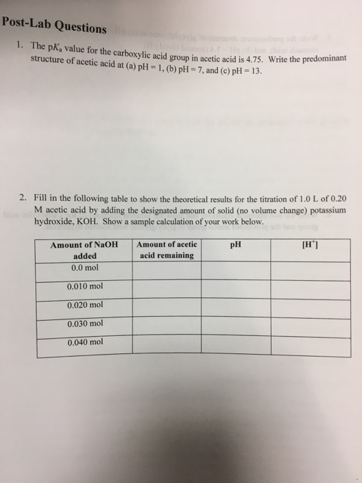 Post-Lab Questions 1. The pKa value for the carboxylic structure of acetic acid at (a) pH- 1, (b) pH-7, and (c) p-13 acid gro