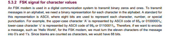 5.3.2 FSK signal for character values An FSK modem is used in a digital communication system to transmit binary zeros and one