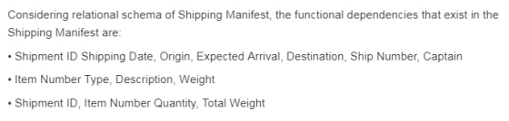 Considering relational schema of Shipping Manifest, the functional dependencies that exist in the Shipping Manifest are Shipm