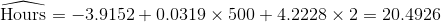 Hours -3.9152+0.0319 x 500 4.2228 x 2 20.4926