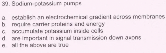 39. Sodium-potassium pumps a. establish an electrochemical gradient across membranes b. require carrier proteins and energy c