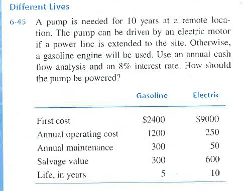 Different Lives 6-45 A pump is needed for 10 years at a remote loca- tion. The pump can be driven by an electric motor if a p