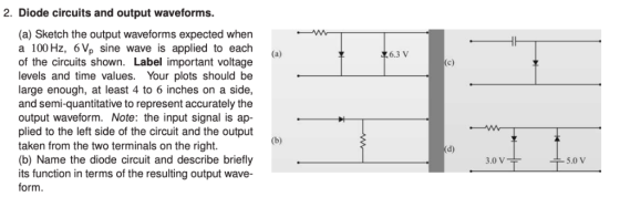 2. Diode circuits and output waveforms. (a) Sketch the output waveforms expected when a 100Hz, 6Vp sine wave is applied to ea