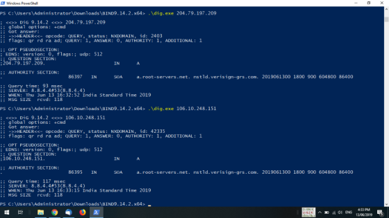 Windows PowerShell PS C:\Users\Administrator\Down1oads\BIND9.14.2. x64> .\dig. exe 204.79. 197.209 ; <o> DiG 9.14.2 <o> 204.7