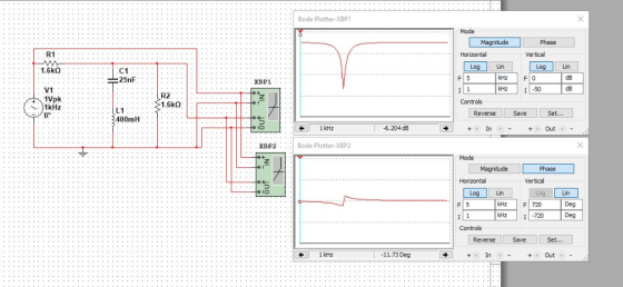 Bode Plotter-XBP1 Mode Magnitude Phase R1 1.6㏀ V.1 1kHz Vertical Log Lin C1 25nF F15 kHz dB XBP1 kHz -50 dB R2 1.6㏀ L1 400mH