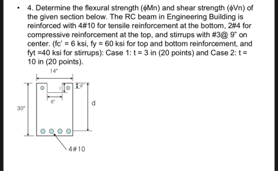 4. Determine the flexural strength (фМп) and shear strength (OVn) of the given section below. The RC beam in Engineering Buil