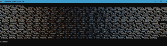 GC:Windows System32\cmd.exe D: \SEGG>python riffle.py out riffle [440085, 373745, 689175, 415013, 37441, 424687, 652176, 1914