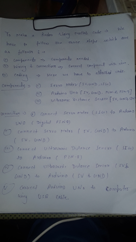 we o Maka a Rador Wing Matlab code a.s t ve omponents Servo Motoy [SV,OND ,SI) Connect Servo rv, AND) to Adumo i Conne Ultros