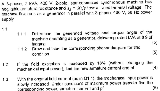 A 3-phase, 7 kVA, 400 V, 2-pole, star-connected synchronous machine has negligible armature resistance and Xs-60/phase at rat