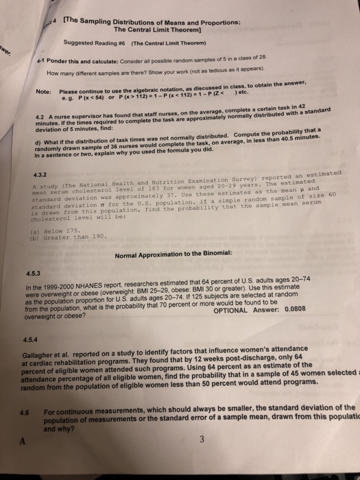 4 The Sampling Distributions of Means and Proportions The Central Limit Theorem] Suggested Reading #6 (The Central Limit Theo