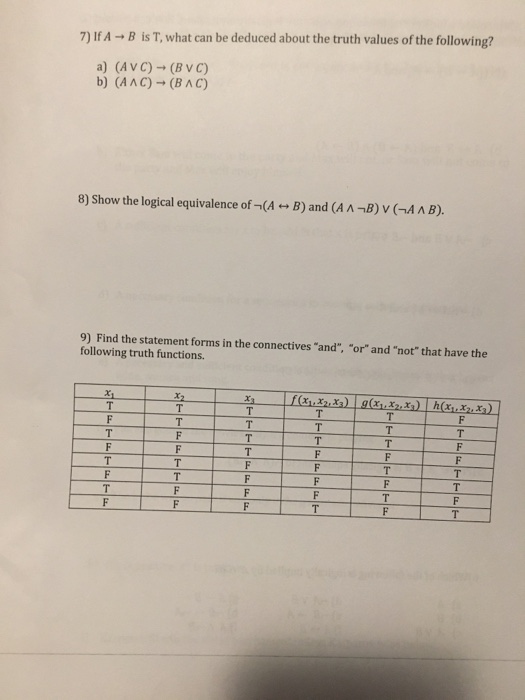 7) If A → B is T, what can be deduced about the truth values of the following? a) (AVC)-(BVC) b) (AAC)-(BAC) 8) Show the logi