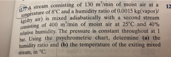 stream consisting of 130 m/min of moist air at a rature of 8°C and a humidity ratio of 0.0015 kg(vapor)/ dry air) is mixed a