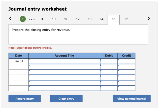 Journal entry worksheet < 12 15 16 1 10 11 14. Prepare the closing entry for revenue. Note: Enter debits before credits Date