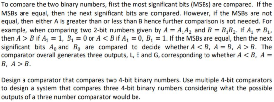 To compare the two binary numbers, first the most significant bits (MSBs) are compared. If the MSBs are equal, then the next
